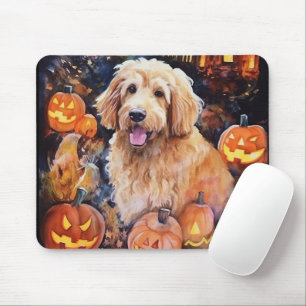 Halloween Goldendoodle With Pumpkins Scary Mouse Pad