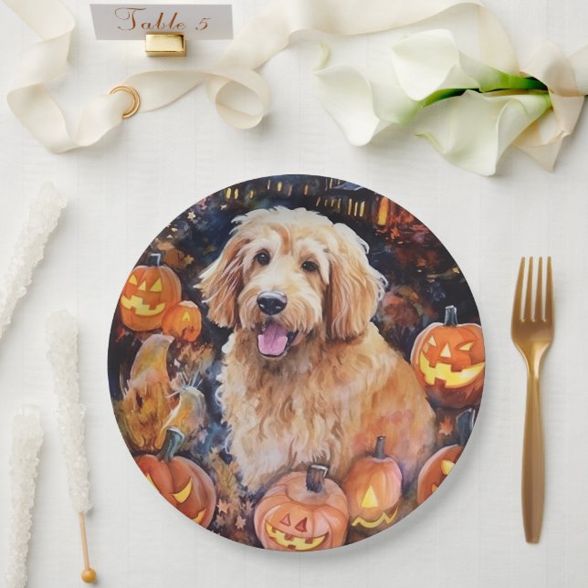 Halloween Goldendoodle With Pumpkins Scary Paper Plate (Wedding)