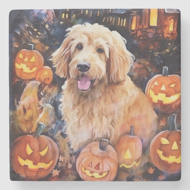 Halloween Goldendoodle With Pumpkins Scary Stone Coaster (Front)