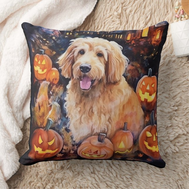Halloween Goldendoodle With Pumpkins Scary Throw Pillow (Blanket)