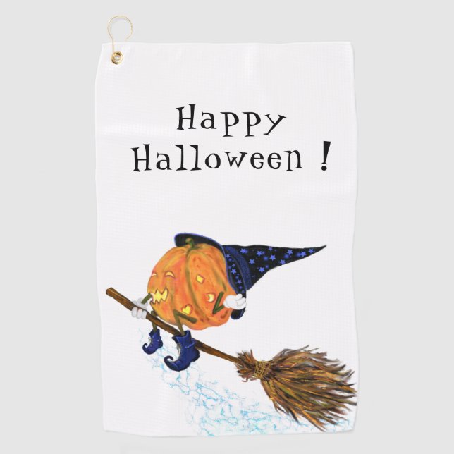 Halloween Golf Towel Witch Pumpkin Flying Broom (Front)