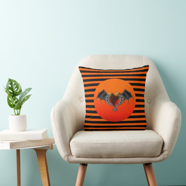 Halloween Goth Orange Heart & Bat Wings Pillow (Chair)