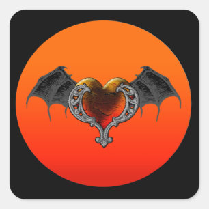 Halloween Goth Orange Heart with Bat Wings Sticker