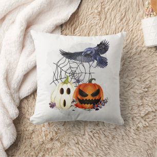 Halloween Goth Raven Crow Pumpkins Throw Pillow