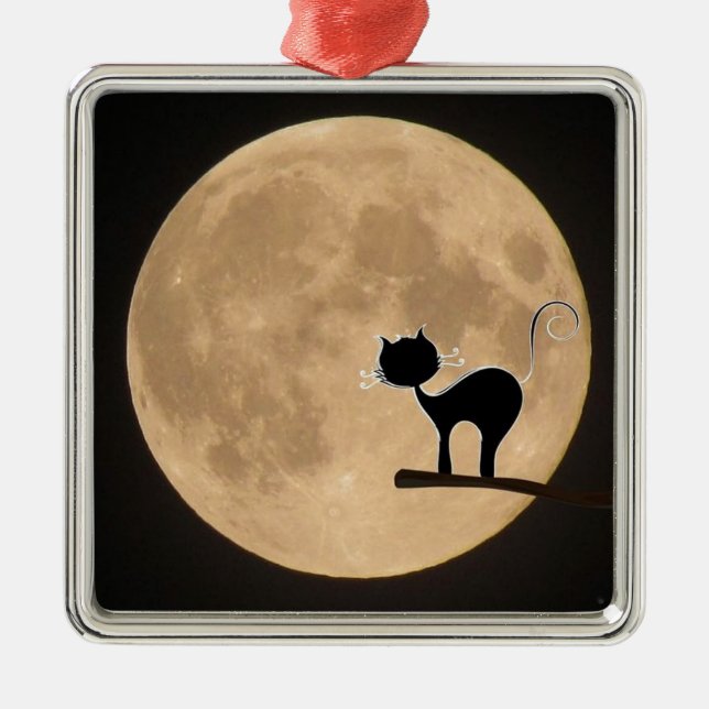 Halloween gothic black cat with full moon metal ornament (Front)