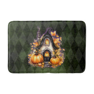 Halloween Gothic Fall Fairy Cottage Green Argyle Bath Mat
