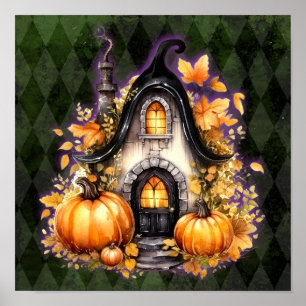 Halloween Gothic Fall Fairy Cottage Green Argyle Poster