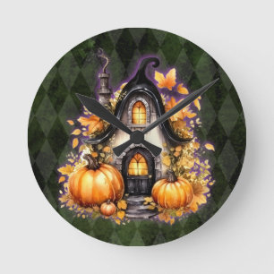 Halloween Gothic Fall Fairy Cottage Green Argyle Round Clock