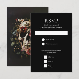 Halloween Gothic Skull Floral Black Wedding RSVP Card