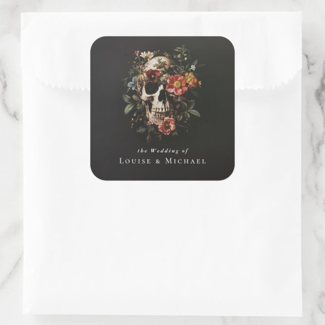 Halloween Gothic Skull Floral Wedding Square Sticker (Bag)