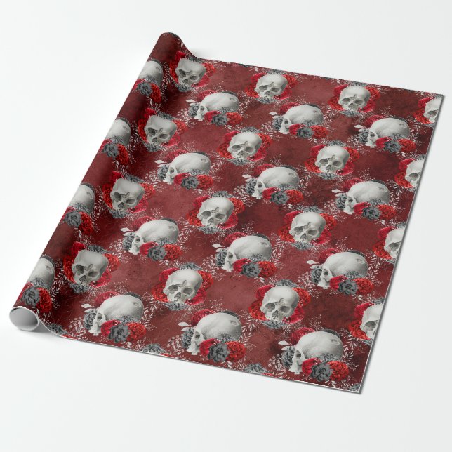 Halloween Gothic Skull Red Black Flowers Wrapping Paper (Unrolled)