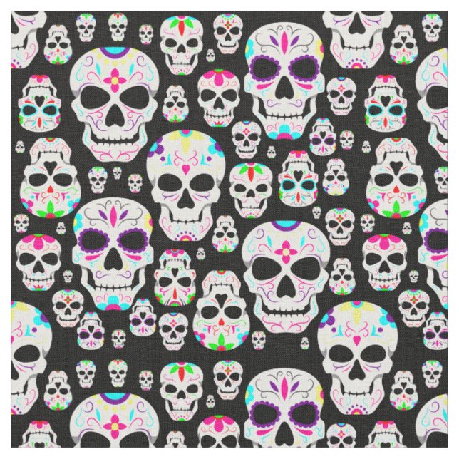 halloween gothic sugar skulls black fabric (Close Up)