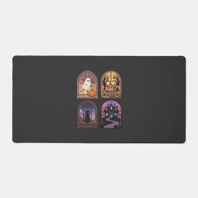 Halloween Gothic Window Ghost Pumpkin Black Cat Ha Desk Mat (Front)