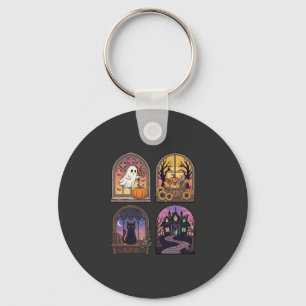 Halloween Gothic Window Ghost Pumpkin Black Cat Ha Keychain