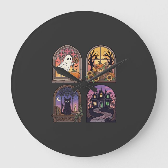Halloween Gothic Window Ghost Pumpkin Black Cat Ha Large Clock (Front)