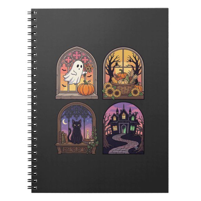 Halloween Gothic Window Ghost Pumpkin Black Cat Ha Notebook (Front)