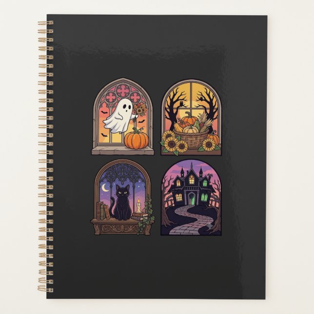 Halloween Gothic Window Ghost Pumpkin Black Cat Ha Planner (Front)