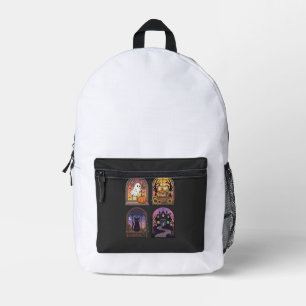 Halloween Gothic Window Ghost Pumpkin Black Cat Ha Printed Backpack