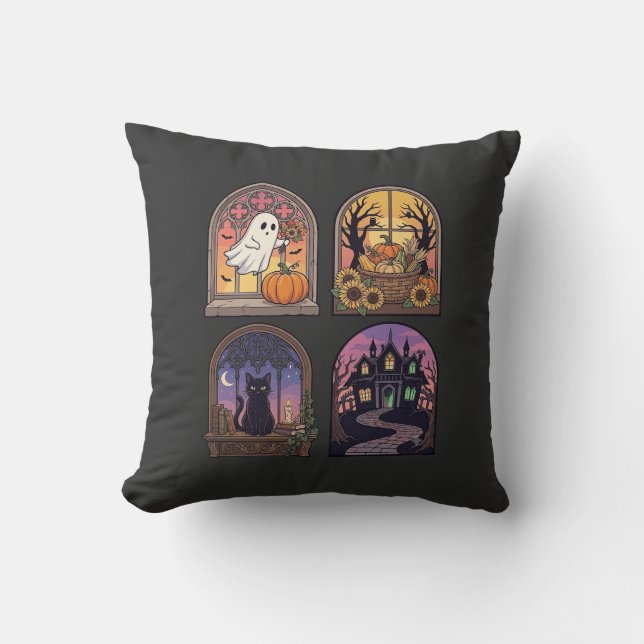 Halloween Gothic Window Ghost Pumpkin Black Cat Ha Throw Pillow (Front)