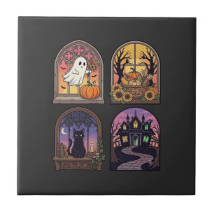 Halloween Gothic Window Ghost Pumpkin Black Cat Ha Tile