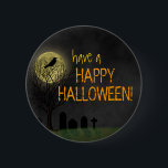 Halloween - Graveyard Crow and Moon 2 Inch Round Button<br><div class="desc">This spooky, creepy Halloween / autumn button shows a black crow or raven silhouette, perched in a dark, dead leafless tree in front of the full moon in the fog. A graveyard / cemetery lies below. The orange, cracked text says "have a HAPPY HALLOWEEN!" but is customizable in this easy...</div>