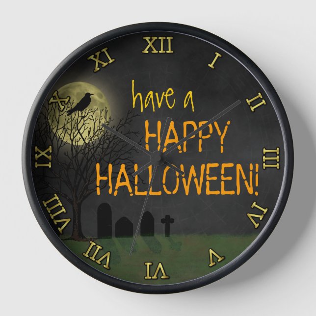 Halloween - Graveyard Crow and Moon Custom Text Wall Clock (Front)