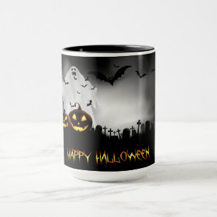 Halloween Graveyard, Ghost Jack-o-lanterns and Bat Mug