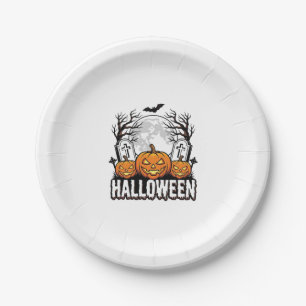 Halloween Graveyard Pumpkin Vintage Engraving Desi Paper Plate