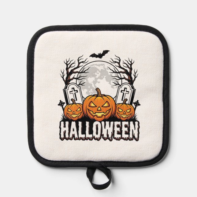 Halloween Graveyard Pumpkin Vintage Engraving Desi Pot Holder (Front)