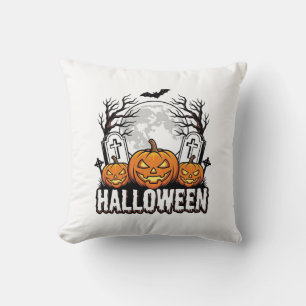 Halloween Graveyard Pumpkin Vintage Engraving Desi Throw Pillow