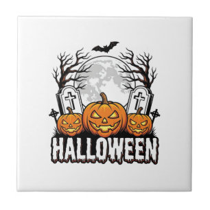 Halloween Graveyard Pumpkin Vintage Engraving Desi Tile