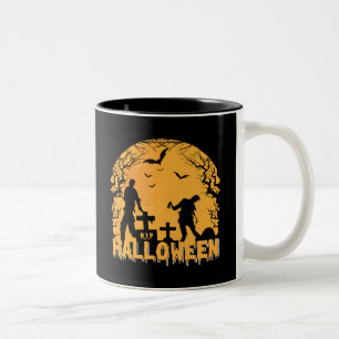 Halloween Graveyard Scene with Zombies, Bats Two-Tone Coffee Mug