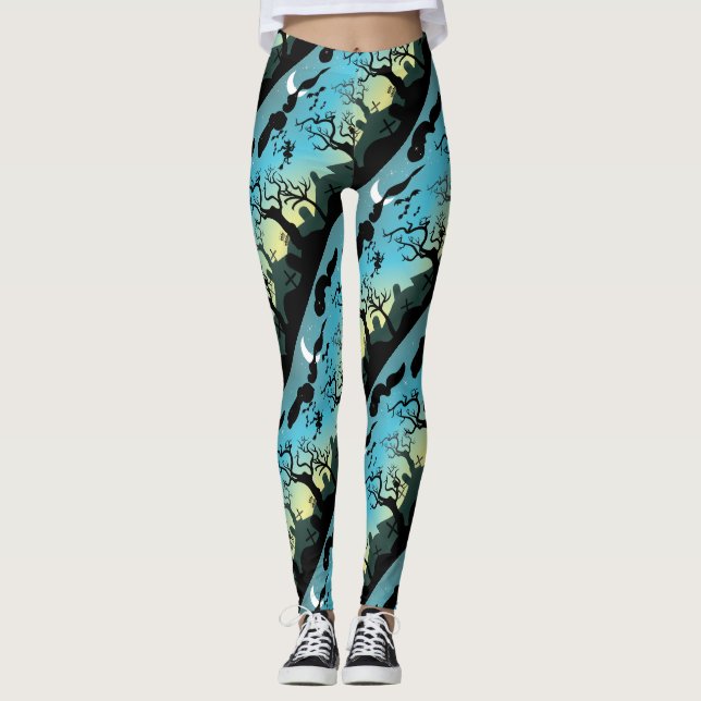 Halloween graveyard scenery purple aqua and yellow leggings (Front)