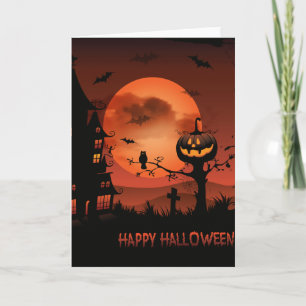 Halloween graveyard scenes pumpkin bats moon card
