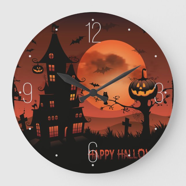 Halloween graveyard scenes pumpkin bats moon large clock (Front)