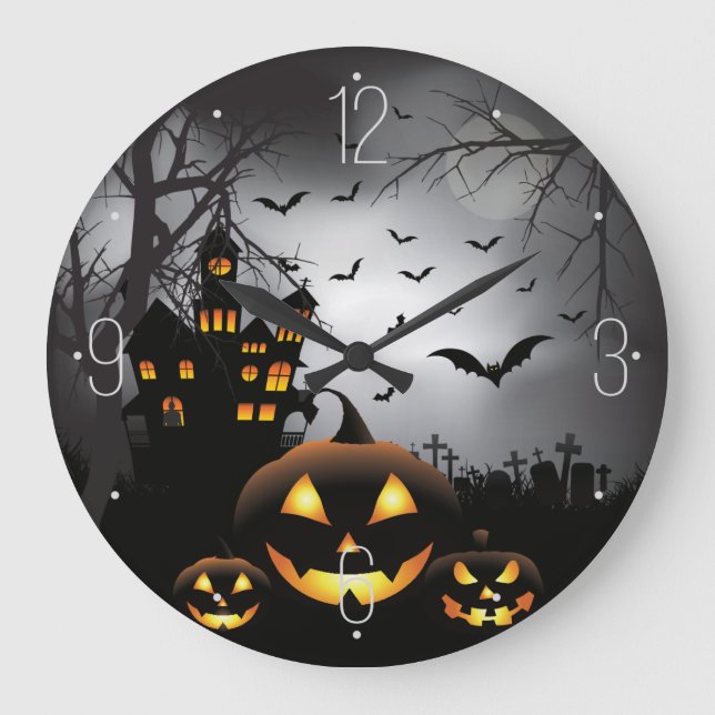 Halloween graveyard scenes pumpkin haunted house large clock (Front)