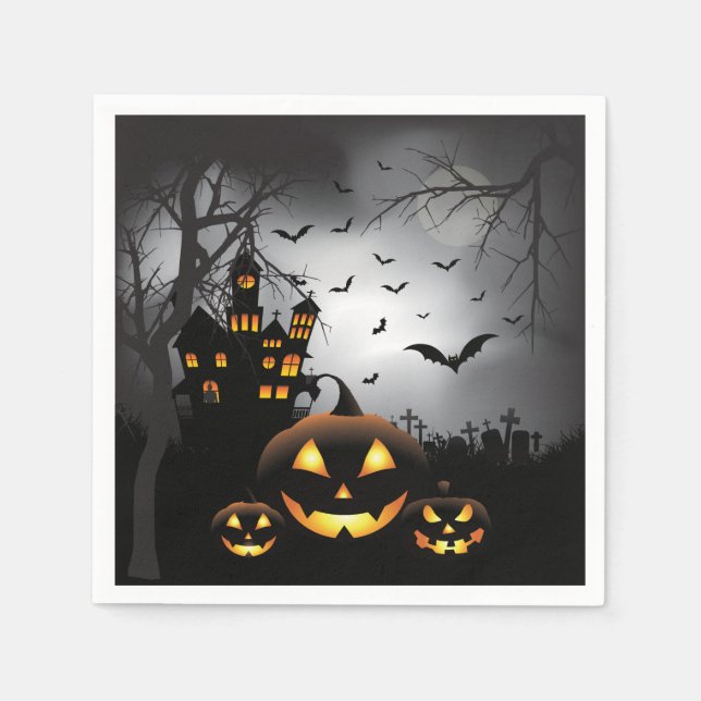 Halloween graveyard scenes pumpkin haunted house napkin (Front)