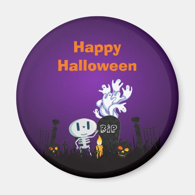 Halloween Graveyard Spooky Cute Skeleton & Ghosts Magnet (Front)