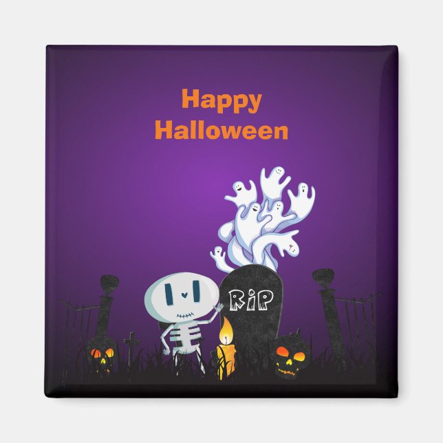 Halloween Graveyard Spooky Cute Skeleton & Ghosts Magnet (Front)