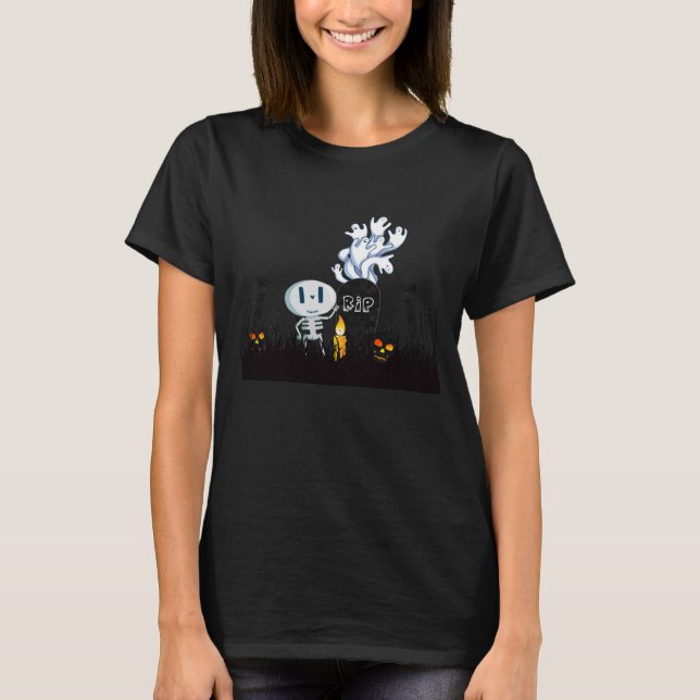 Halloween Graveyard Spooky Cute Skeleton & Ghosts T-Shirt (Front)
