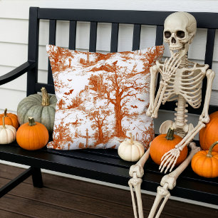 Halloween Graveyard Toile de Jouy Pattern Rust Outdoor Pillow