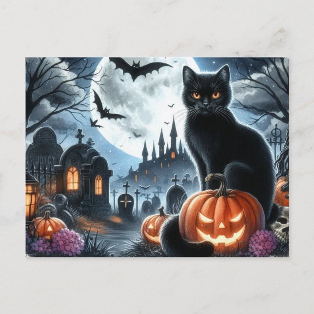 Halloween Graveyard with Black Cat Postcard (Front)