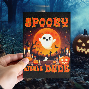 Halloween graveyard with cute Ghost and giant moon Postcard