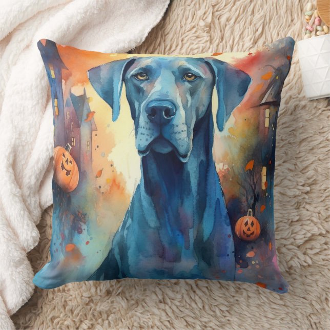 Halloween Great Dane With Pumpkins Scary Throw Pillow (Blanket)