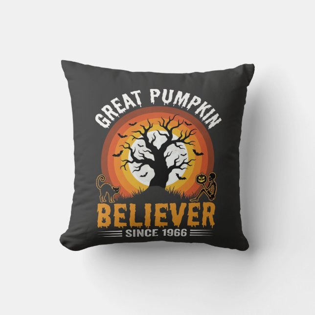 Halloween Great Pumpkin Believer Retro Skeleton Throw Pillow (Front)