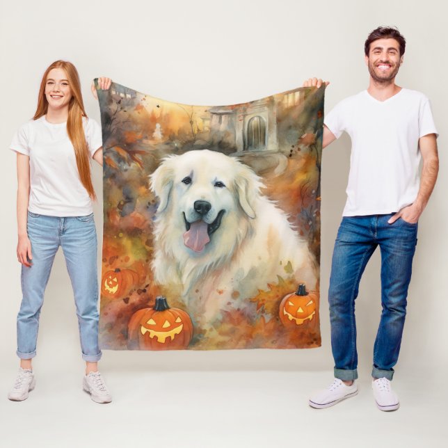 Halloween Great Pyrenees With Pumpkins Scary Fleece Blanket (In Situ)