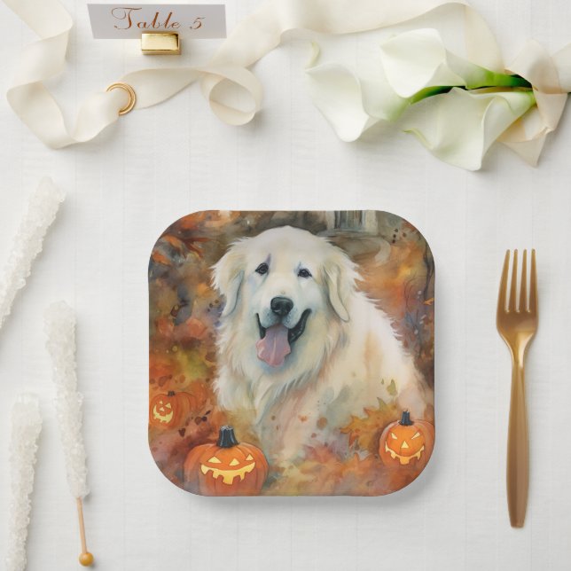 Halloween Great Pyrenees With Pumpkins Scary Paper Plate (Wedding)