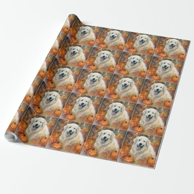 Halloween Great Pyrenees With Pumpkins Scary Wrapping Paper (Unrolled)