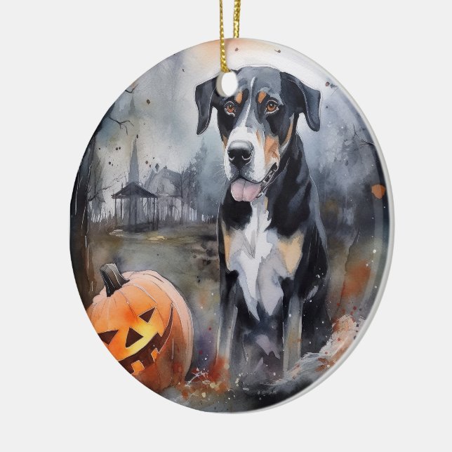 Halloween Greater Swiss With Pumpkins Scary Ceramic Ornament (Left)