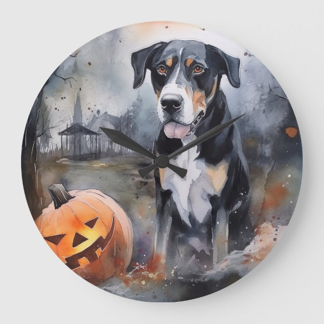 Halloween Greater Swiss With Pumpkins Scary Large Clock (Front)